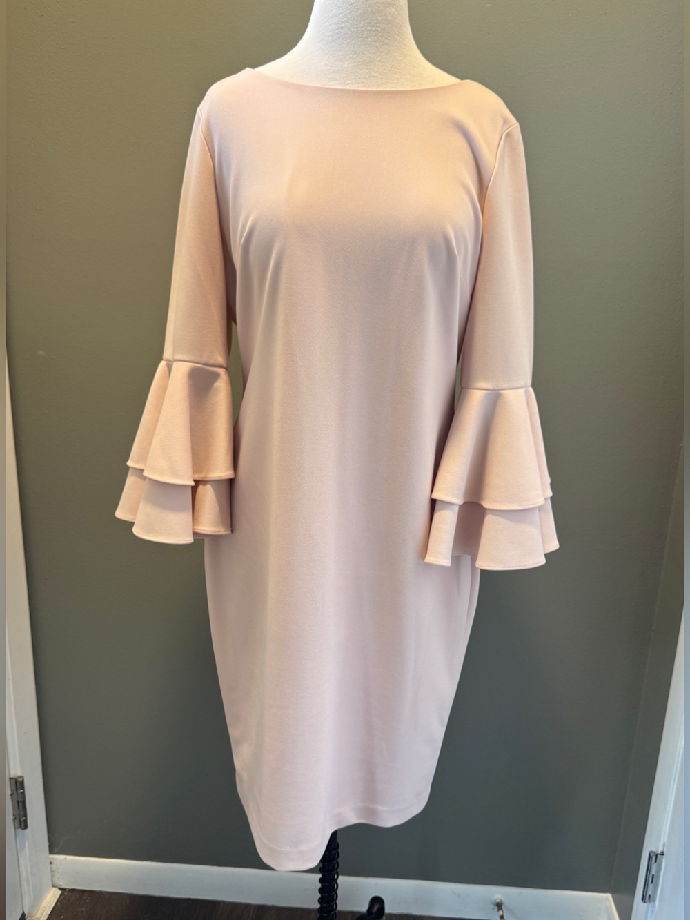 Calvin Klein Blush Pink Midi Dress with Tiered Bell Sleeves